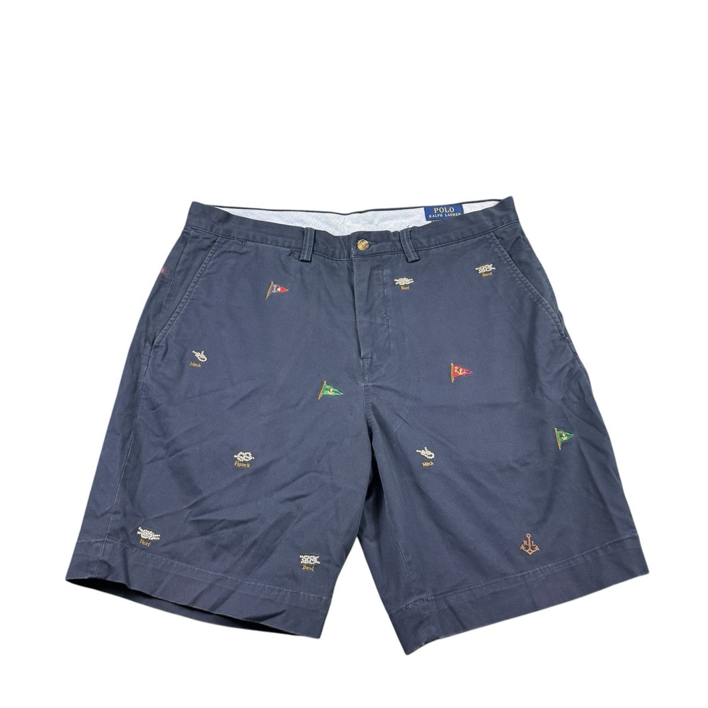 Polo Ralph Lauren Blue Nautical Flag Knot Embroidered Chino Shorts Mens 34